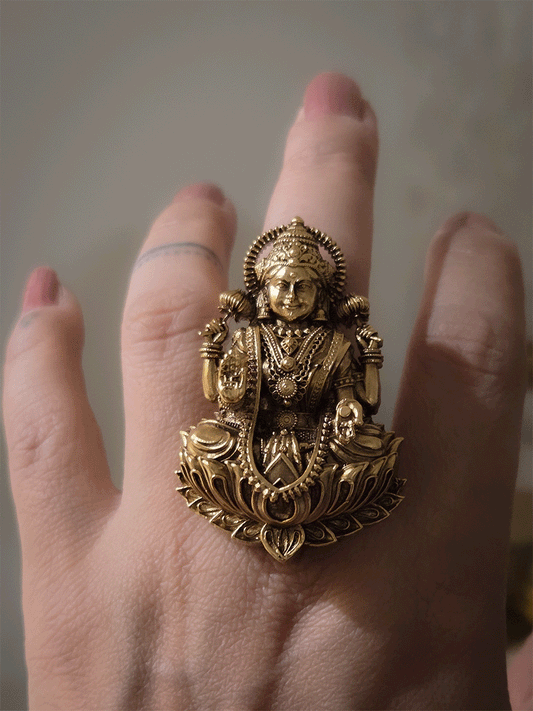 Intricately carved antique gold finish Laxmi ji adjustable ring (Ring L-2.3inches)