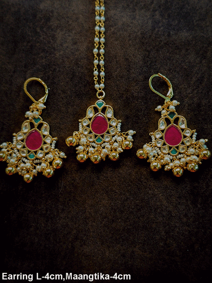 Pacchi Kundan leaf shaped earrings with maangtika in ruby and white