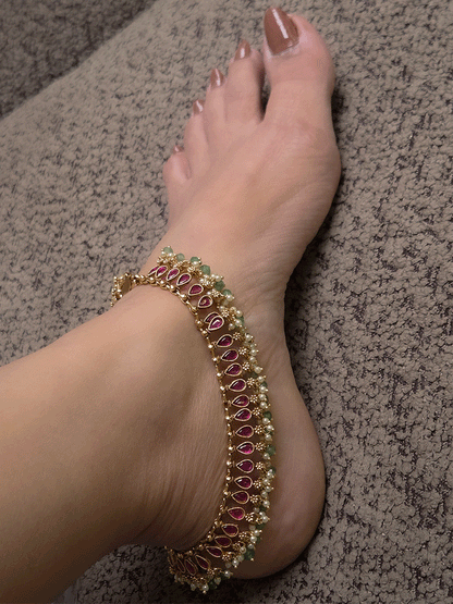 Tear shaped stones studded classy anklets with pearl and gold bead hangings