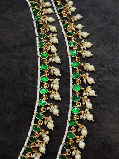 Pacchi kundan pearl drop anklets with leaf shaped design