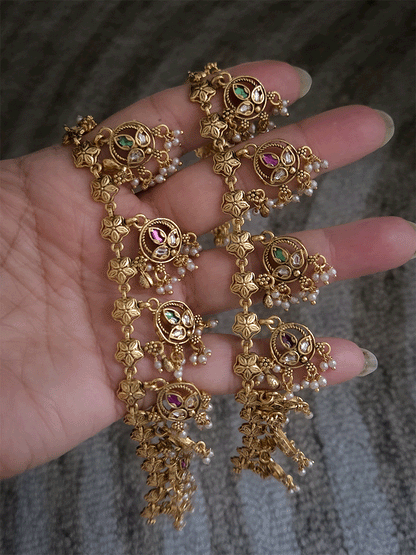 Ruby and green stones with kundan circular hanging tukdi anklets (10.5 inch long)