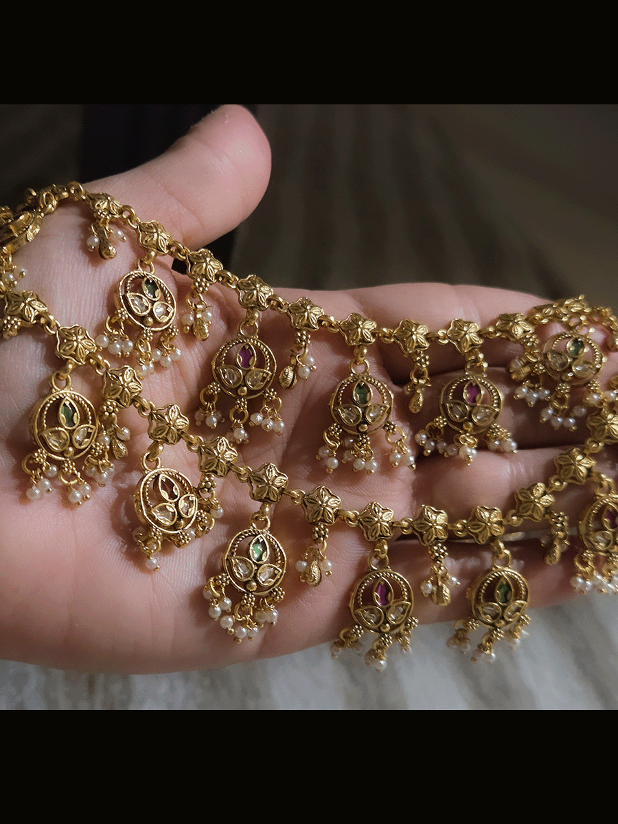 Ruby and green stones with kundan circular hanging tukdi anklets (10.5 inch long)