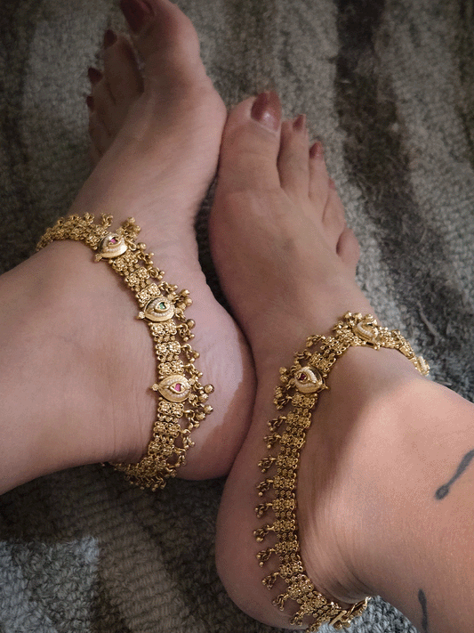 Three leaf tukdies with ruby and green stones on broad chain anklets with ghunghru hangings