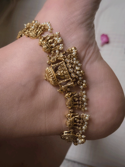 Traditional kundan doli and elephant design anklets with pearl and gold bead hangings