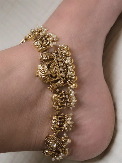 Traditional kundan doli and elephant design anklets with pearl and gold bead hangings