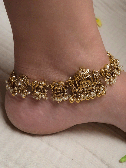Traditional kundan doli and elephant design anklets with pearl and gold bead hangings