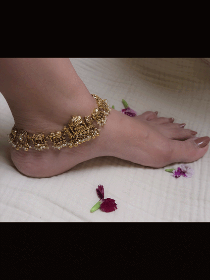 Traditional kundan doli and elephant design anklets with pearl and gold bead hangings