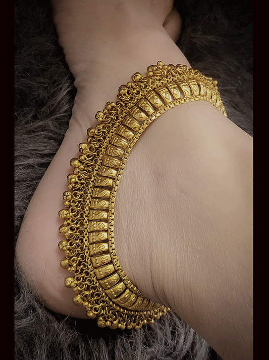 Broad self design gold finish anklets with ghunghru hangings