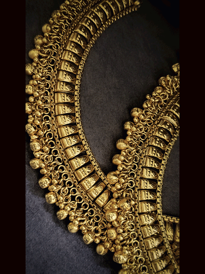 Broad self design gold finish anklets with ghunghru hangings
