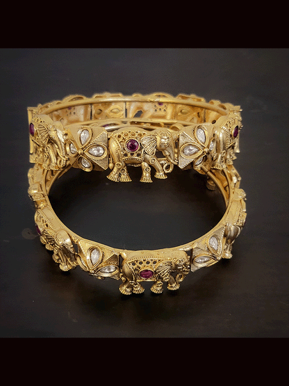 Set of two openable elephant with ruby stone and kundan flower design kadas