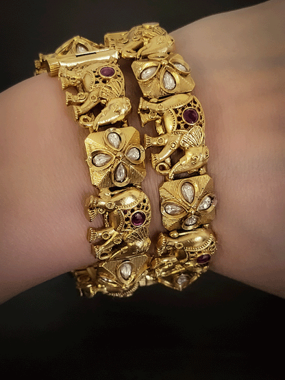 Set of two openable elephant with ruby stone and kundan flower design kadas