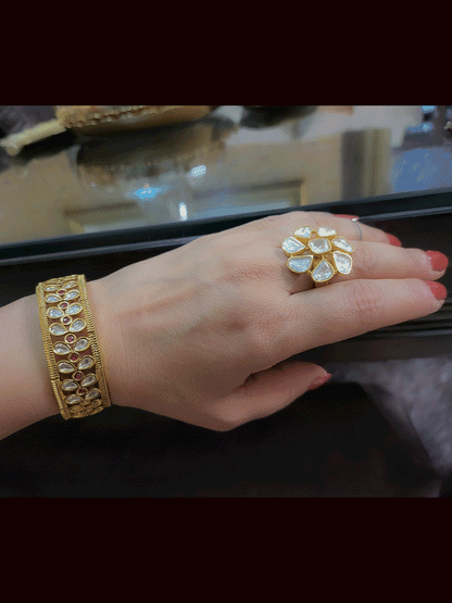 Leaf shaped uncut polki with ruby stones center adjustable kada(1.5cm broad)