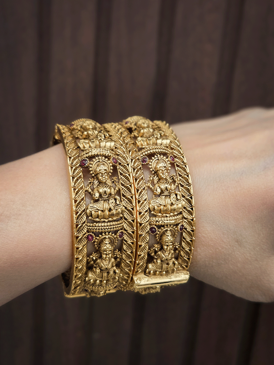 Laxmiji openable kadas with ruby stones and leaf design on both sides