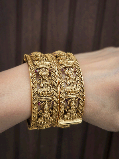 Laxmiji openable kadas with ruby stones and leaf design on both sides