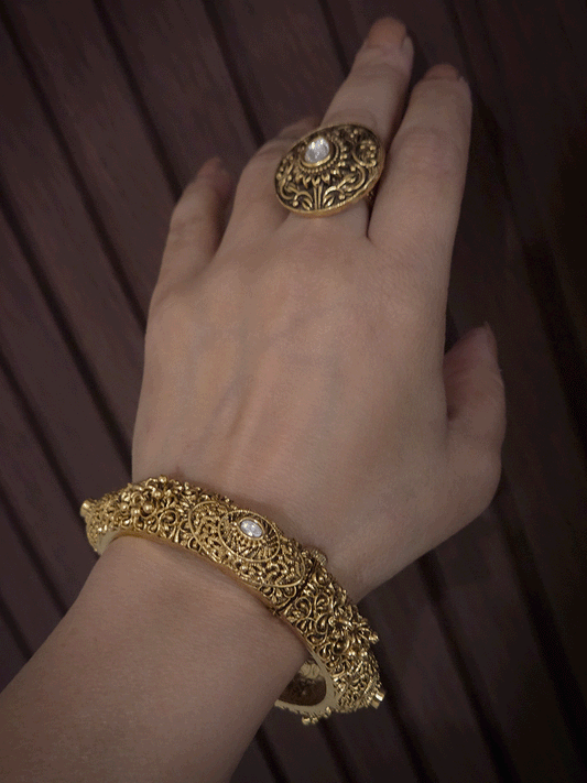 Set of two self paisley design kundan and ghunghru hangings openable kada's