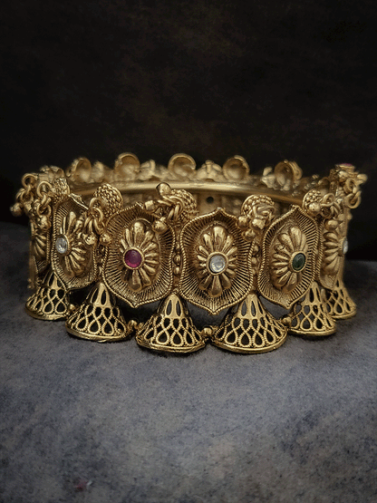 Set of two openable polki,ruby and green stones studded ghunghru hangings traditional design kada's