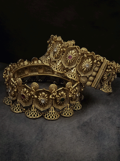 Set of two openable polki,ruby and green stones studded ghunghru hangings traditional design kada's