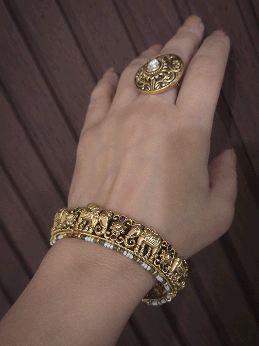 Elephant and flower design ruby and green stones studded set of two openable kada's