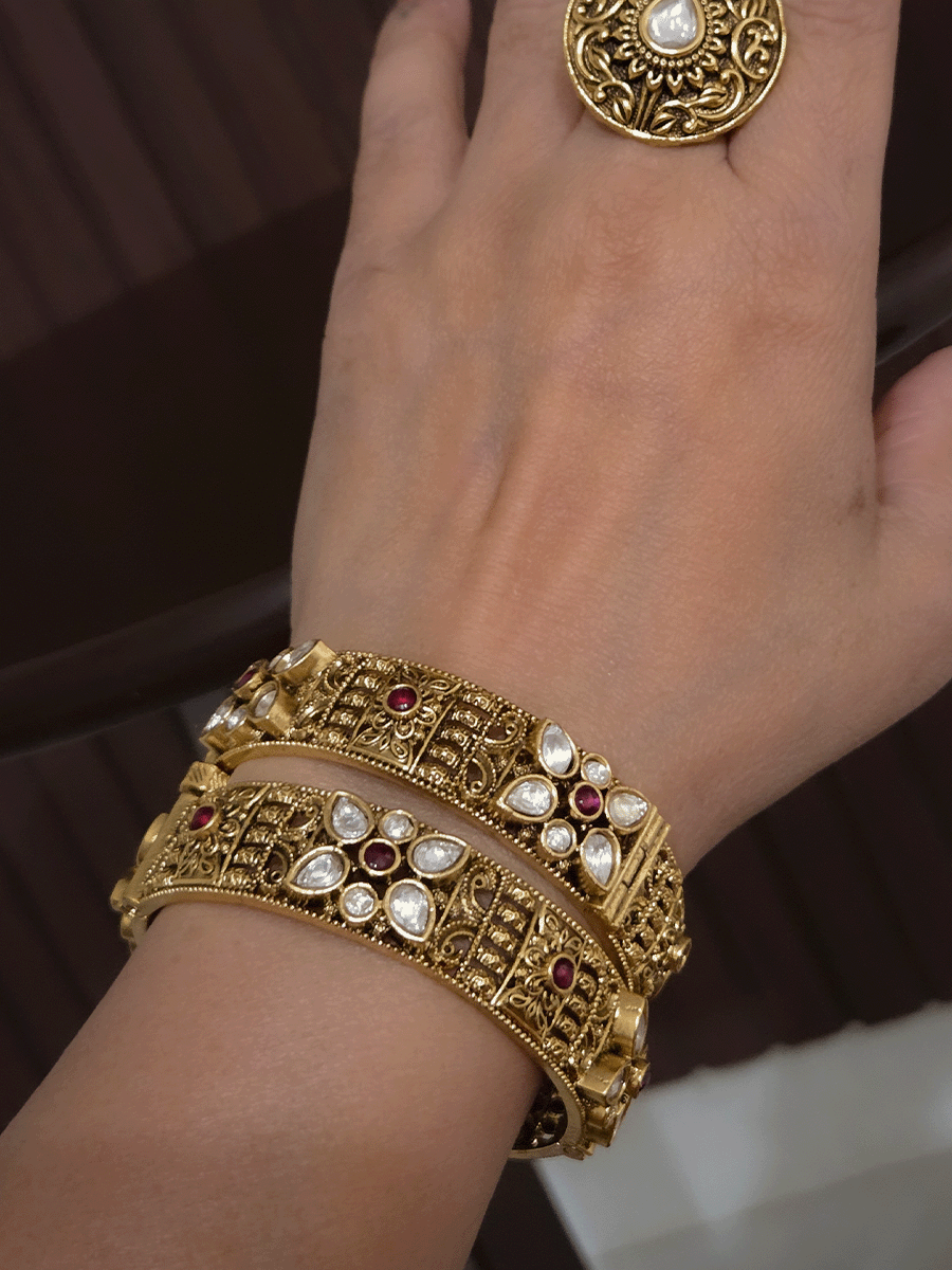 Set of two openable traditional design kundan flower kadas with beautiful carving