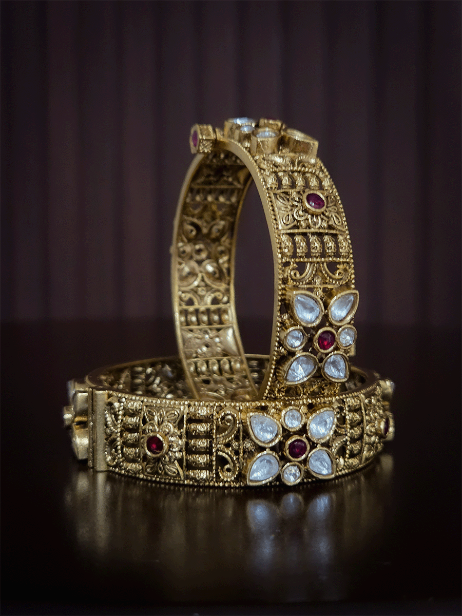 Set of two openable traditional design kundan flower kadas with beautiful carving