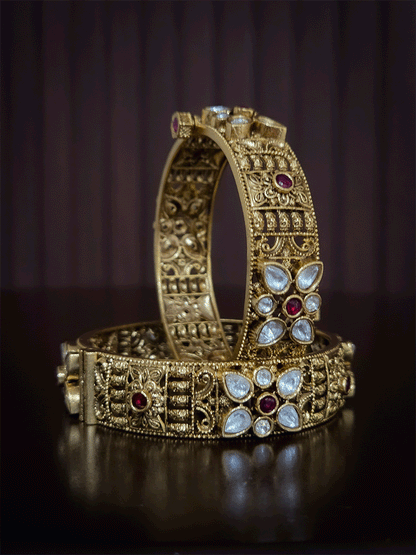 Set of two openable traditional design kundan flower kadas with beautiful carving