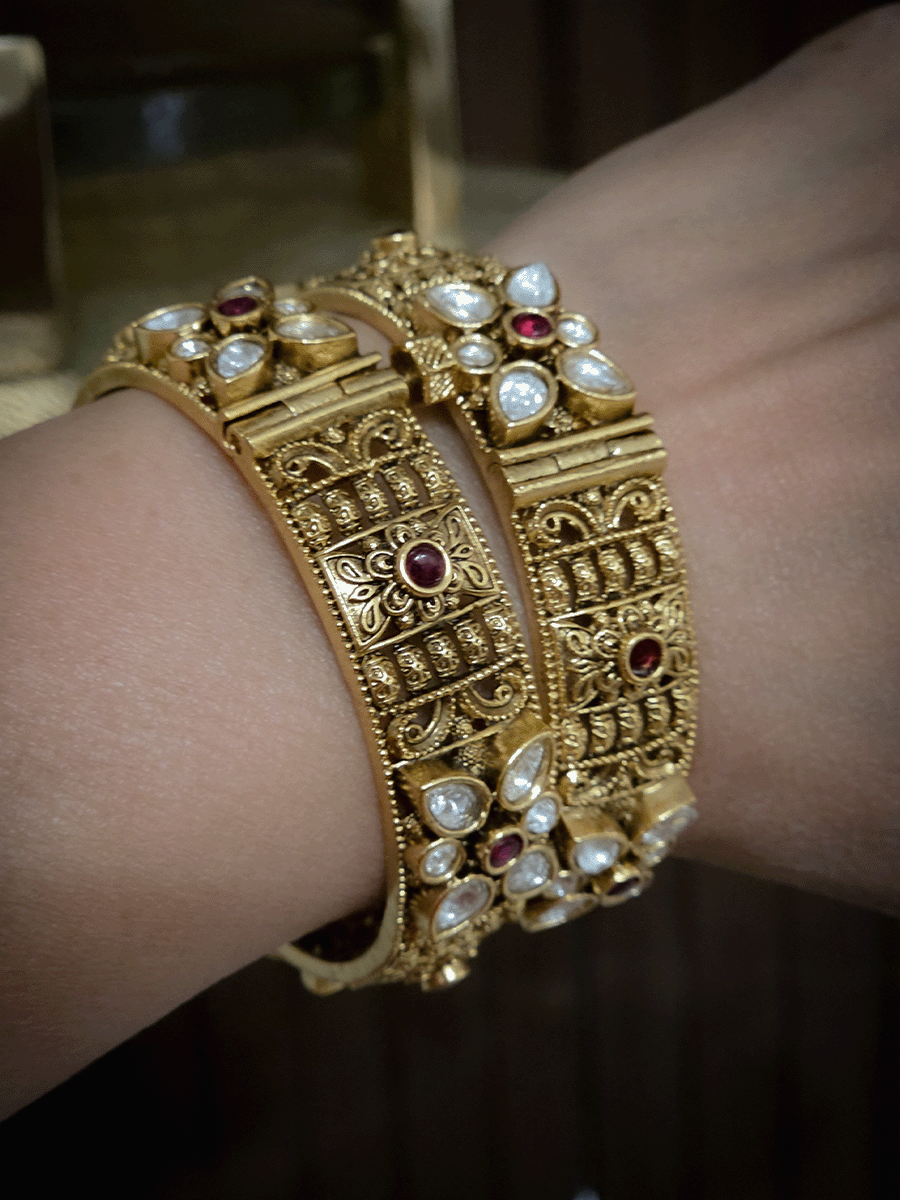 Set of two openable traditional design kundan flower kadas with beautiful carving