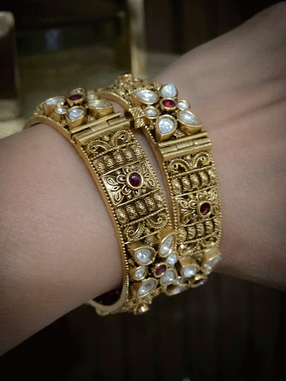 Set of two openable traditional design kundan flower kadas with beautiful carving