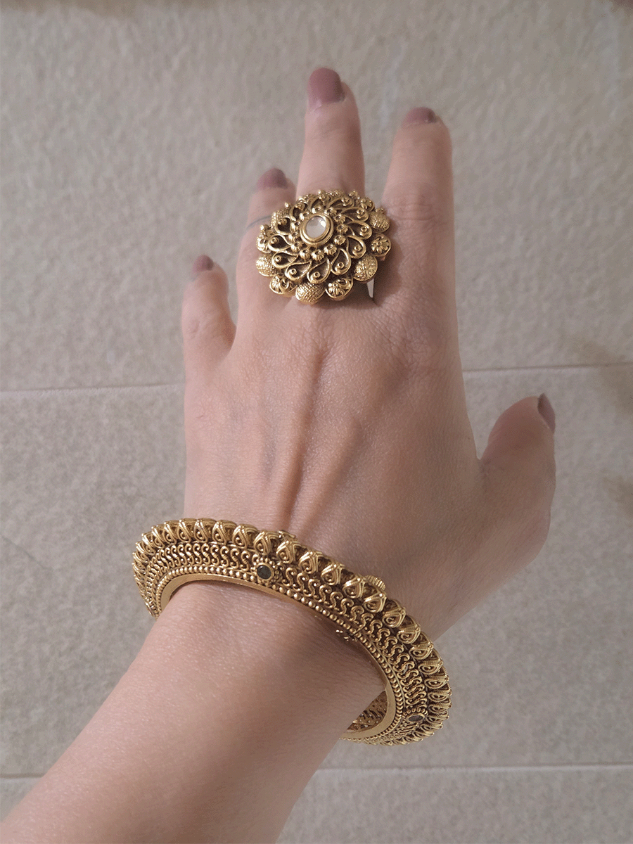 Set of two openable leaf design pacheli kada's with ruby and green stones