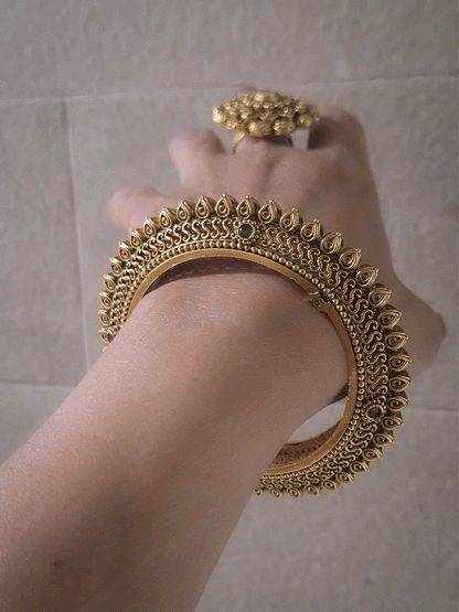 Set of two openable leaf design pacheli kada's with ruby and green stones