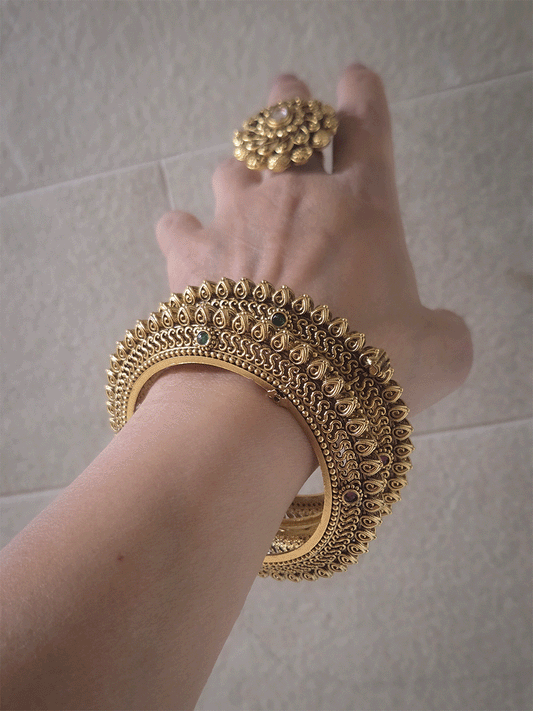 Set of two openable leaf design pacheli kada's with ruby and green stones