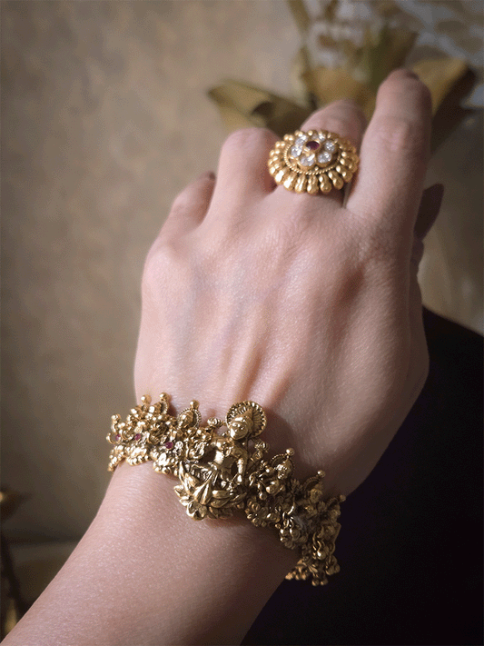 Set of two laxmiji openable kada's with ruby stones and ghunghru hangings