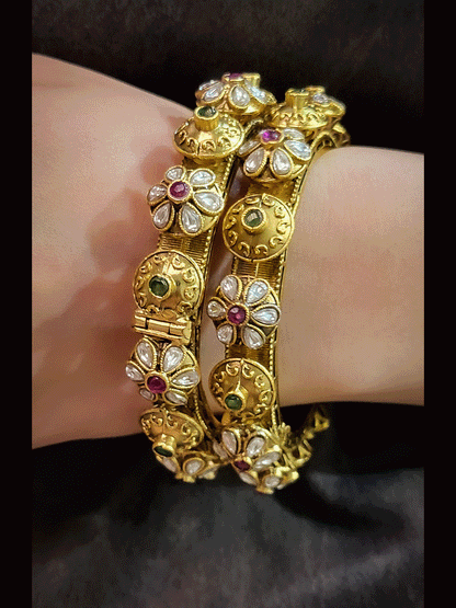 Set of two openable antique gold kundan and ruby green stones pacheli's