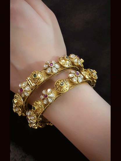 Set of two openable antique gold kundan and ruby green stones pacheli's