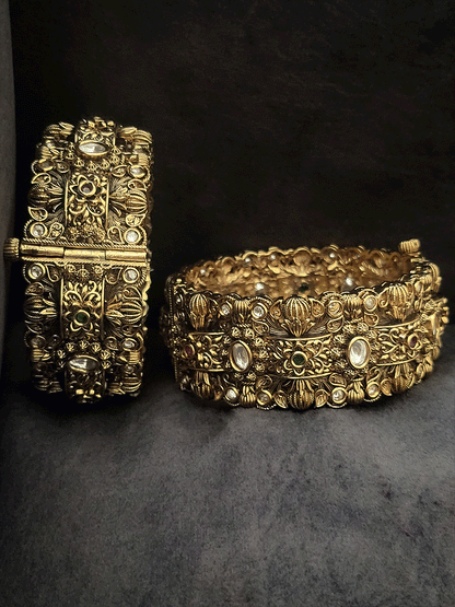 Set of two openable broad flower and leaf intricate design kundan kada's
