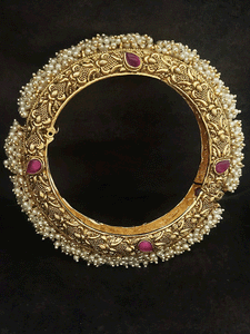 Self design gold plated ruby stone openable kadas with pearly cluster lace