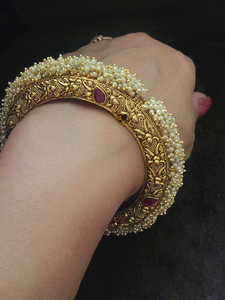 Self design gold plated ruby stone openable kadas with pearly cluster lace