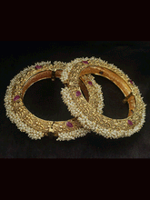Load image into Gallery viewer, Self design gold plated ruby stone openable kadas with pearly cluster lace