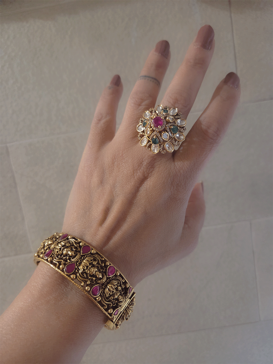 Kundan ruby and green stones studded adjustable ring