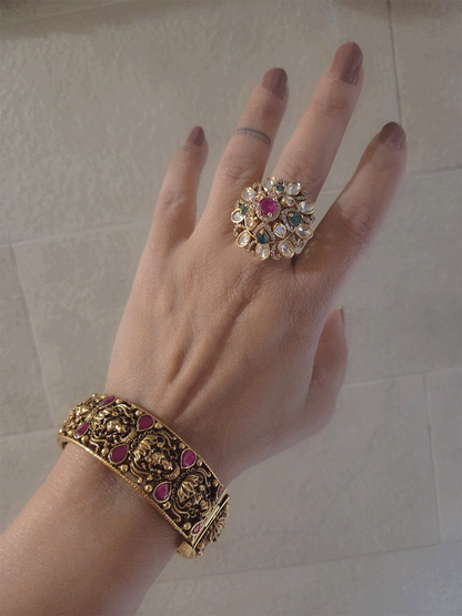 Kundan ruby and green stones studded adjustable ring