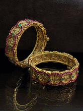 Load image into Gallery viewer, Set of two ruby and green stones studded laxmiji coin design openable kadas