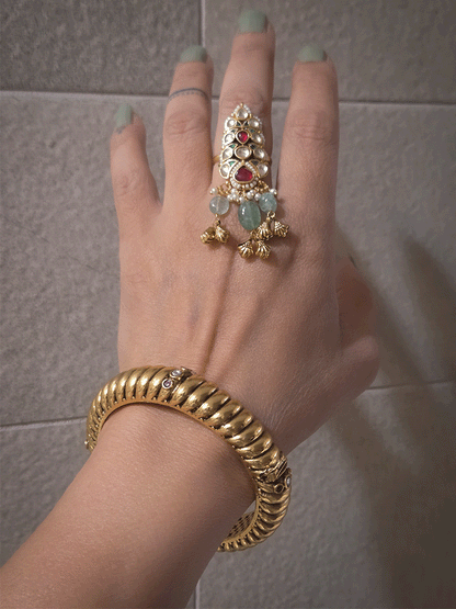 Single openable gold plated traditional design kada with kundan and ruby stones
