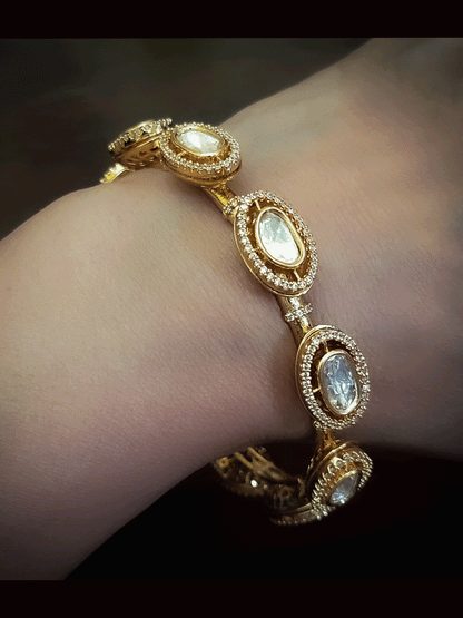 Set of two oval kundan with zircon studded kada's