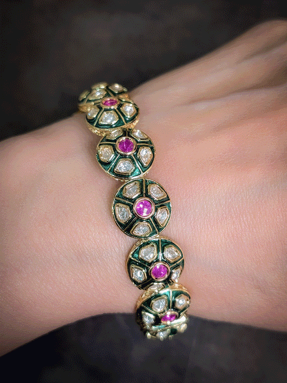 Set of two openable green enamel ruby stone uncut polki kada's