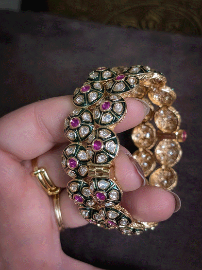 Set of two openable green enamel ruby stone uncut polki kada's