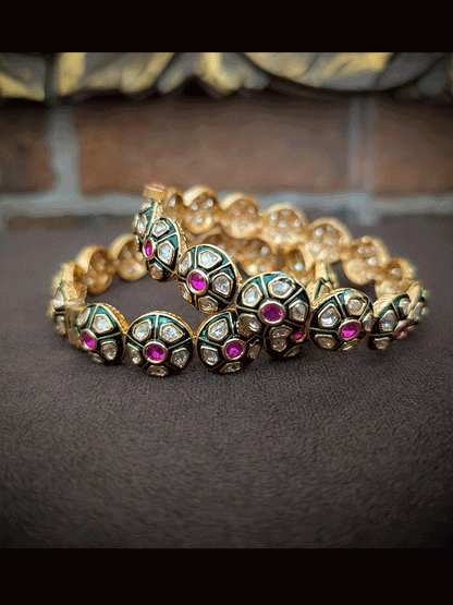 Set of two openable green enamel ruby stone uncut polki kada's