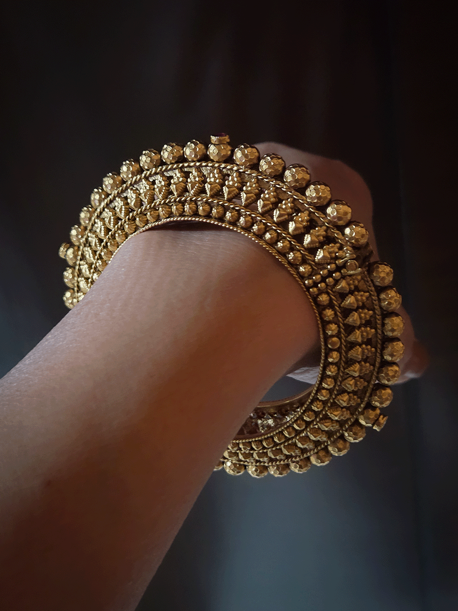 Set of two self design gold bead openable pacheli style kada's