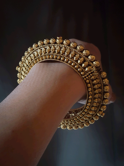Set of two self design gold bead openable pacheli style kada's