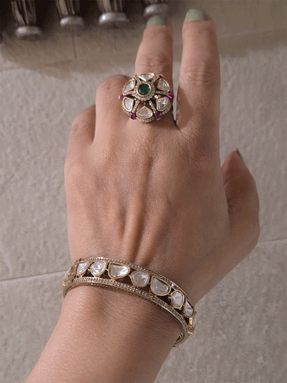 Zircon studded uncut polki ruby and green stone adjustable ring
