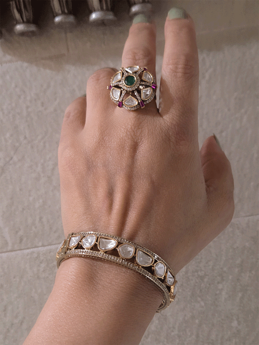 Zircon studded uncut polki ruby and green stone adjustable ring