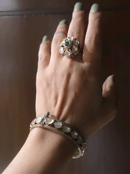 Zircon studded uncut polki ruby and green stone adjustable ring